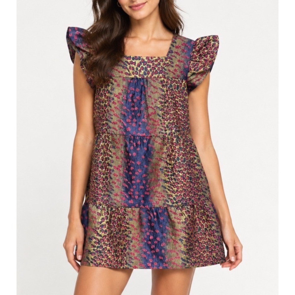 THML PARTY DRESS Pink Purple Gold LEOPARD EMBOSSED PRINT Tiered Lined Pockets L